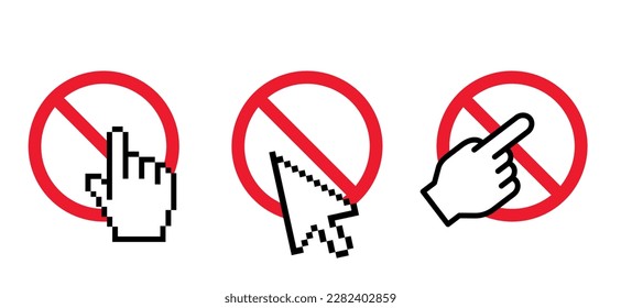 Hand clicking, click on pc mouse, cursor arrow. Cartoon hand as computer mouse, cursors is clicking on the symbol of do not enter. Entrance into forbidden and banned place. No, not allowed sign. Spam