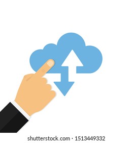 Hand clicking with finger blue cloud. Internet technology concept. Network or information design. Cloud sign. Isolated flat design. EPS 10