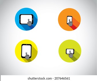 hand clicking gesture on mobile tablet smartphone - flat design concept collection set with different mobile and tablet orientation with different colorful background