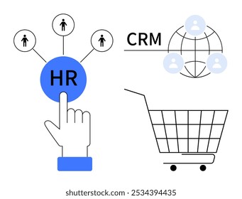 Haga clic con la mano en HR rodeado de iconos de personas. CRM conectado a un globo con iconos de usuario. El Carrito de compras representa el comercio electrónico. Ideal para recursos humanos, relaciones con clientes, marketing digital, online