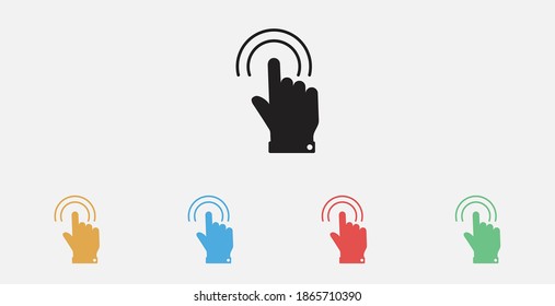 Icono de clic con la mano. Icono vectorial del cursor del dedo. Haciendo clic en el icono de dedo, vector del puntero de mano. Icono de vector relleno. Conjunto de coloridos iconos de diseño plano