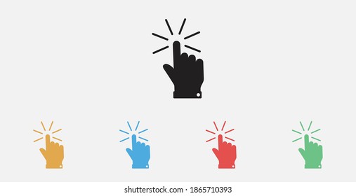 Hand clicking icon. Finger cursor vector icon. Clicking finger icon, hand pointer vector. Filled vector icon. Set of colorful flat design icons
