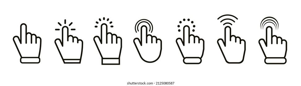 Juego de iconos de clic con la mano. El cursor del dedo hace clic en la colección de punteros. Vector - stock.