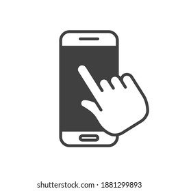 Hand clicking mobile phone. Cellphone icon with finger swipe.