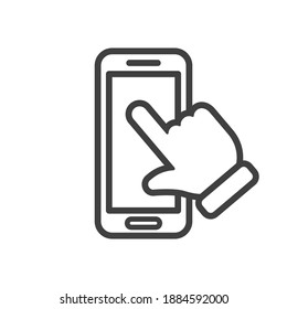 Hand clicking mobile phone. Cellphone icon with finger swipe.