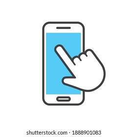 Hand clicking mobile phone. Cellphone icon with finger swipe.