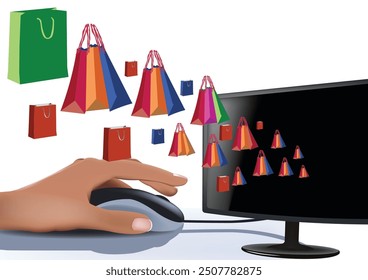 Hand clicking mouse on computer with shopping bags coming out of screen