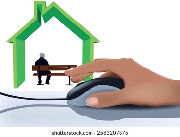 Hand clicking mouse with senior man on bench and green house symbol