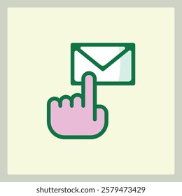 Hand Clicking on a Message Icon, Green and Pink Design with Off-White Background