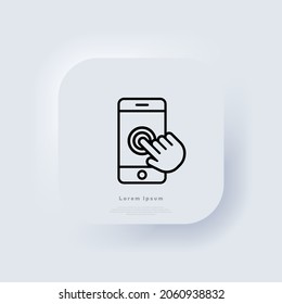 Hand clicking on the phone screen icon. Hand cursor. Neumorphic UI UX white user interface web button. Neumorphism. Vector EPS 10.