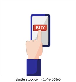 The hand clicking on a smartphone screen to make a purchace. Online shopping via mobile phone icon in vector. The finger tapping on a phone screen