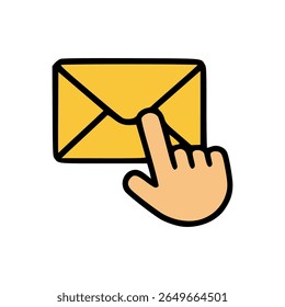 Clique manual no ícone de envelope amarelo que simboliza a seleção de e-mail, a abertura da mensagem ou o design da interface de usuário de e-mail interativo