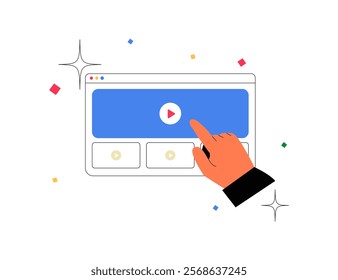 Hand Clicking Play Button On Browser In Flat Vector Illustration Symbolizing Video Streaming, Digital Media, And Online Content, Isolated On White Background.