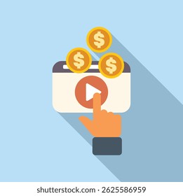 Uma mão está clicando no botão de jogo em um player de vídeo, e moedas de dólar estão aparecendo, simbolizando a geração de renda online