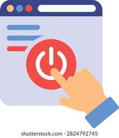Hand clicking a power button on a computer screen, symbolizing system control