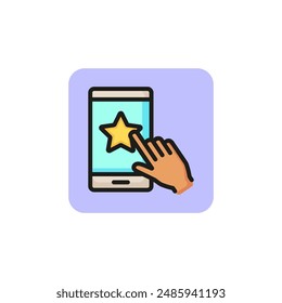 Hand clicking star sign on cellphone line icon. Rating, bookmarks, favorite symbol. Feedback concept. Vector illustration can be used for topics like social networking, marketing, technology