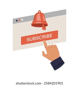 Hand Clicking Subscribe Button On Website In Flat Vector Illustration Symbolizing Online Subscription, Notification Alert, And Digital Engagement, Isolated On White Background.