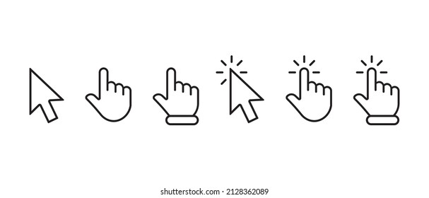 Hand clicking vector icons set. Mouse pointer click and hand cursor symbol