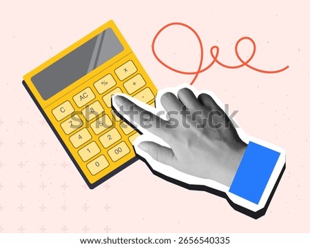 Hand clicks button on a calculator. Modern photo collage style. Vector illustration