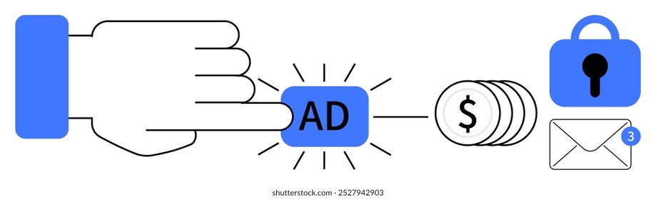 Uma mão clica em um botão de anúncio conectado por linhas a símbolos que representam dinheiro, segurança e um envelope com notificação. Ideal para publicidade digital, marketing online, receita de anúncios, segurança cibernética