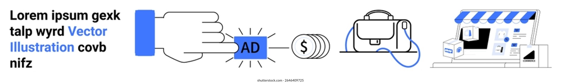 Clique de mão no botão de anúncio azul, gerando símbolo de dinheiro, conectando-se a uma loja de e-commerce. Ideal para marketing digital, publicidade online, e-commerce, estratégia de SEO, engajamento do usuário, campanhas PPC