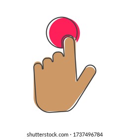 The hand clicks on the button. Cursor Icon  cartoon style on white isolated background.