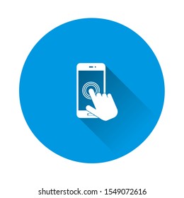 The hand clicks on the button smartphone. Cursor icon on blue background. Flat image with long shadow.