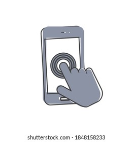 The hand clicks on the button smartphone. Cursor icon cartoon style on white isolated background.