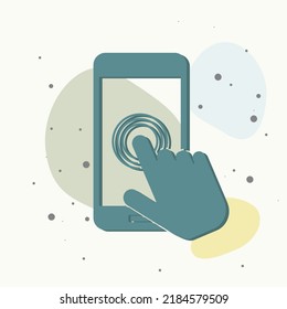 The hand clicks on the button smartphone. Cursor icon on multicolored background. Layers grouped for easy editing illustration. For your design.