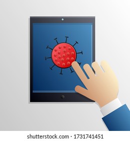 A hand clicks on the icon of the coronovirus covid-19 virus on a digital modern touchscreen tablet. Vector illustration.