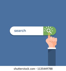 Hand clicks on the imput button search. Search bar for user interface. Vector illustrations.