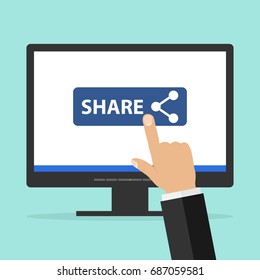 The hand clicks on the link to share on the monitor. Flat design, vector illustration, vector.