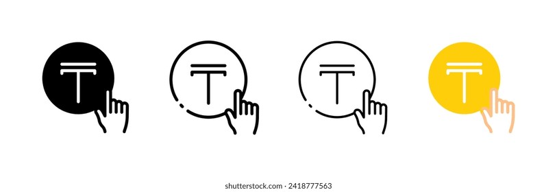 The hand clicks on the Tenge icon. Different styles, set of Tenge coins, finger pressing. Vector icons