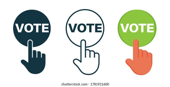 Hand Clicks On Vote Button. Vote Icon In Line, Glyph And Flat Styles. Hand Clicks By Finger On The Button. Election, Choice, Decision, Voting Concept Or Sign. Vector Illustration