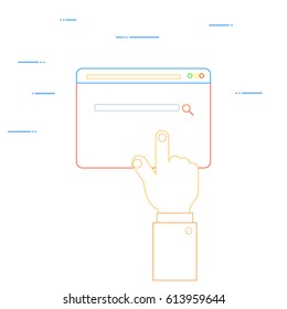The hand clicks on the web page. 