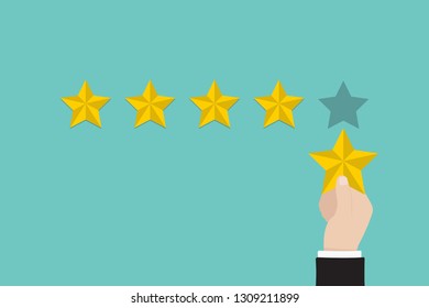 Hand Of Client Giving A Five Star Rating. Service Rating, Satisfaction And Customer Experience Concept. Vector