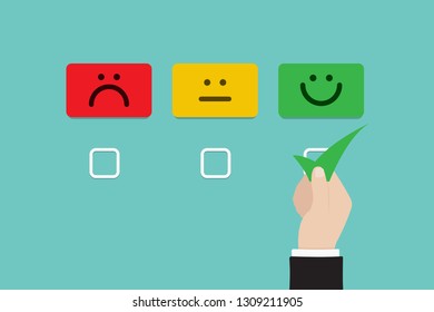 Hand of client show a feedback with smiley face card. Service rating, satisfaction concept. Vector