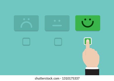 Hand of client show a feedback with smiley face card. Service rating, satisfaction concept. Vector