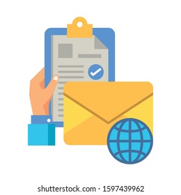 hand with clipboard checklist and envelope vector illustration design