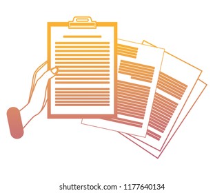 Hand with clipboard and documents rainbow lines