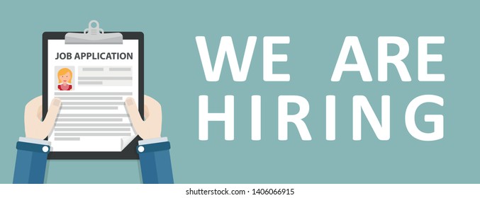 Hand with clipboard, Job Application and the text We Are Hiring. Eps 10 vector file.