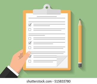 Hand with clipboard, survey or test concept, clipboard with documents with check boxes and pencil, flat design, vector eps10 illustration