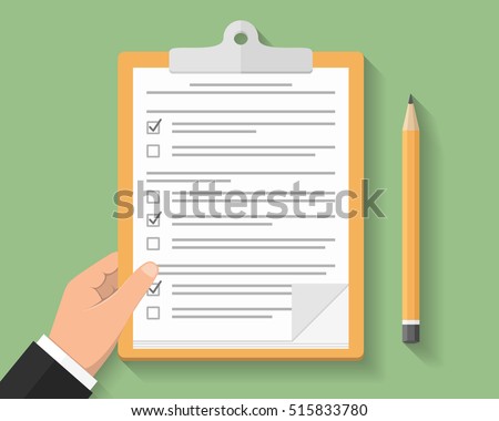Hand with clipboard, survey or test concept, clipboard with documents with check boxes and pencil, flat design, vector eps10 illustration