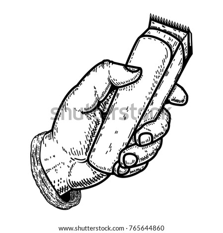 Hand with clipper.Design element for barber shop emblem, sign, poster, card,banner. Vector illustration