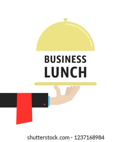 hand with cloche like business lunch. concept of gourmet person with cuisine and free hour for employee in eatery. simple trend modern cater foodie word logotype graphic cartoon isolated on white