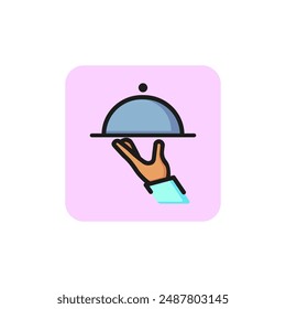 Hand with cloche line icon. Waiter, food, dish. Service concept. Vector illustration can be used for topics like menu, restaurant, dinner, catering