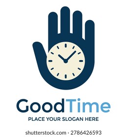 Hand with clock face watch logo design template GoodTime icon