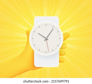 Hand with clock icon on smartphone. 3d vector illustration