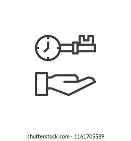 Hand and Clock Key outline icon. linear style sign for mobile concept and web design. Time management simple line vector icon. Symbol, logo illustration. Pixel perfect vector graphics
