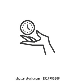 Hand with clock line icon. linear style sign for mobile concept and web design. Time care outline vector icon. Symbol, logo illustration. Vector graphics